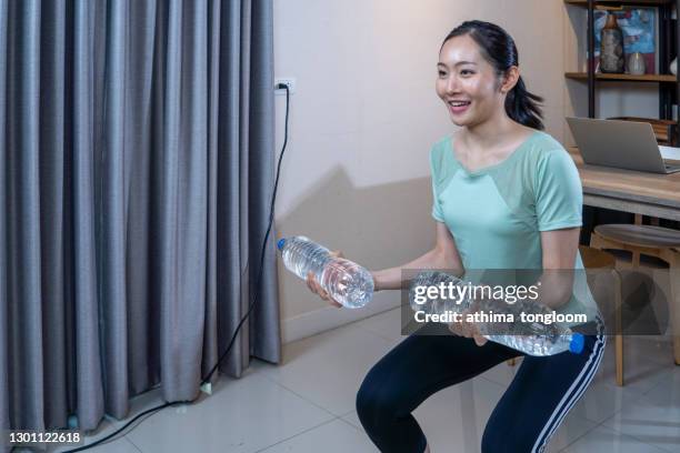 young asian healthy woman, exercise, fit, at home fitness concept. - home workout stock pictures, royalty-free photos & images