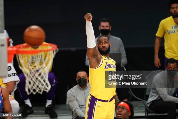 LeBron James of the Los Angeles Lakers shoots against the Oklahoma City Thunder in the first half at Staples Center on February 08, 2021 in Los...