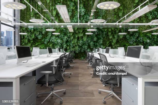 modernes open-plan-büro mit weißen schreibtischen, computern, bürostühlen und vertikalem gartenhintergrund. - viele gegenstände stock-fotos und bilder
