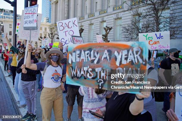 Hundreds of people rally outside City Hall after marching to SFUSD, Saturday, Feb. 6 in San Francisco, Calif. People protested against remote...