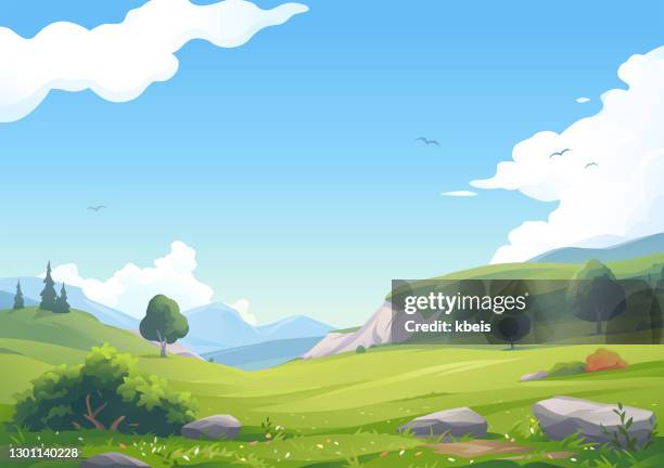 ilustraciones, imágenes clip art, dibujos animados e iconos de stock de hermoso paisaje montañoso - tree forest flowers