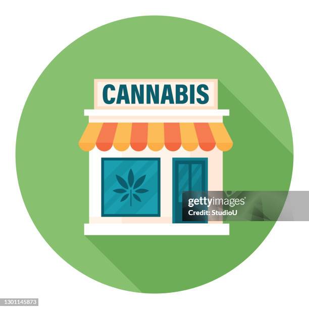 stockillustraties, clipart, cartoons en iconen met cannabis shop gevel flat icon design - marijuana leaf text symbol