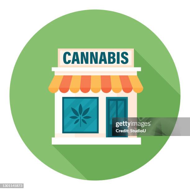 stockillustraties, clipart, cartoons en iconen met cannabis shop gevel flat icon design - etalage