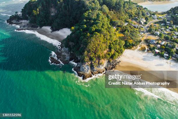 top looking down at beach on a sunny day. - new zealand beach house stock pictures, royalty-free photos & images