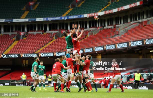Lineout action during the Guinness Six Nations match between Wales and Ireland at Principality Stadium on February 07, 2021 in Cardiff,...