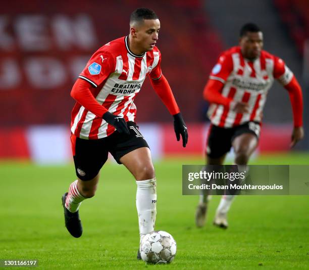 Mohamed Ihattaren of PSV in action during the Dutch Eredivisie match between PSV Eindhoven and FC Twente at Philips Stadion on February 06, 2021 in...