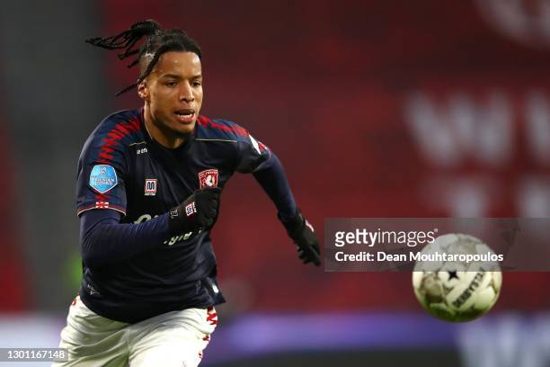 Tyronne Ebuehi of FC Twente in action during the Dutch Eredivisie match between PSV Eindhoven and FC Twente at Philips Stadion on February 06, 2021...