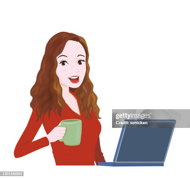 using a laptop - holding coffee stock illustrations
