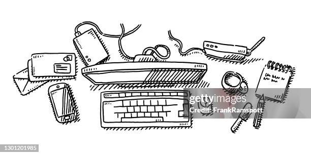 computer work place desk view from above drawing - high angle office stock illustrations