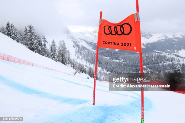 General view of a gate panel on the course following the postponement of the FIS World Ski Championships Women's Super Giant Slalom at Olympia delle...