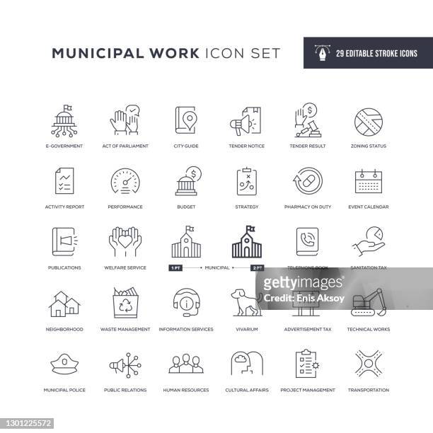 ilustraciones, imágenes clip art, dibujos animados e iconos de stock de iconos de línea de trazo editables de trabajo municipal - edificio gubernamental