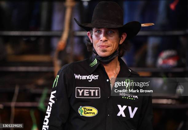 Mauney looks on during the PBR Unleash The Beast bull riding event at Okeechobee Agri-Civic Center on January 31, 2021 in Okeechobee, Florida.