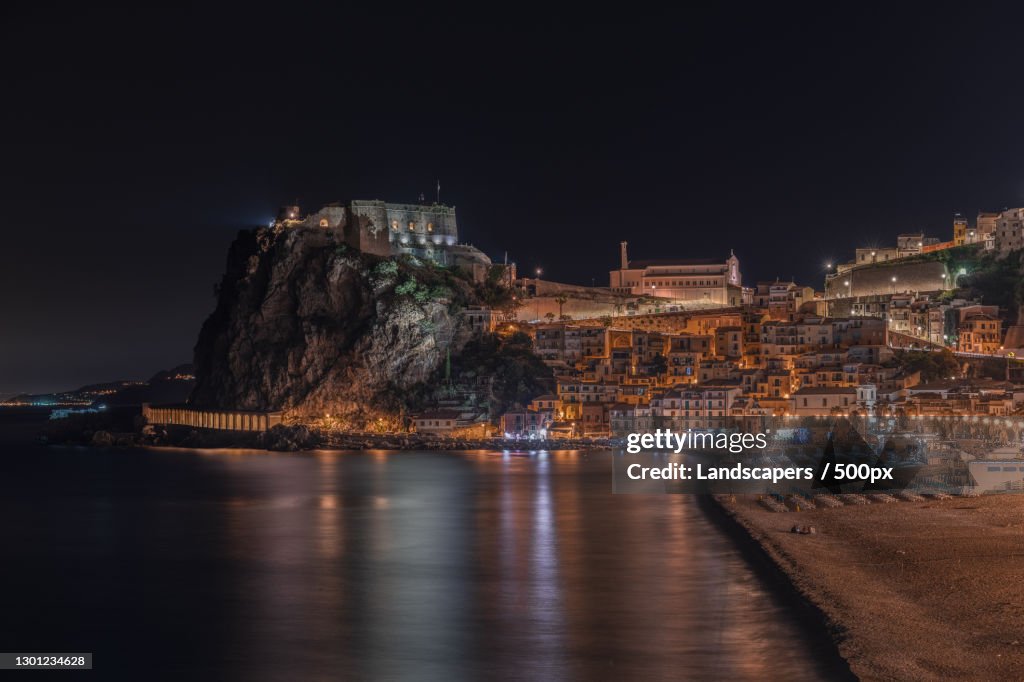 View of illuminated buildings at night,Scilla,Province of Reggio Calabria,Italy