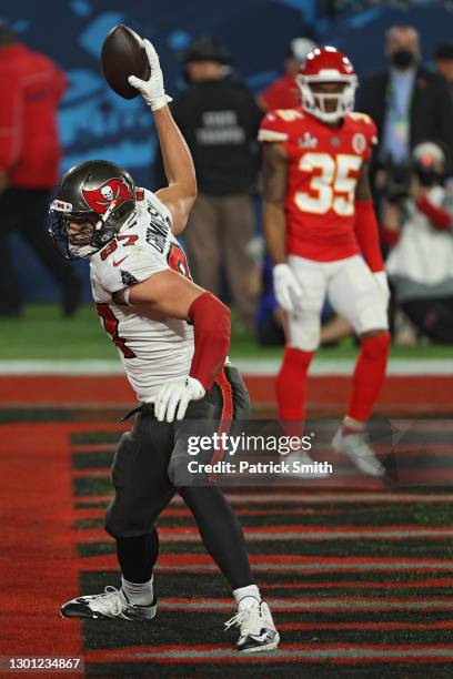 Rob Gronkowski of the Tampa Bay Buccaneers spikes the ball after scoring a 17-yard touchdown in the second quarter against the Kansas City Chiefs in...