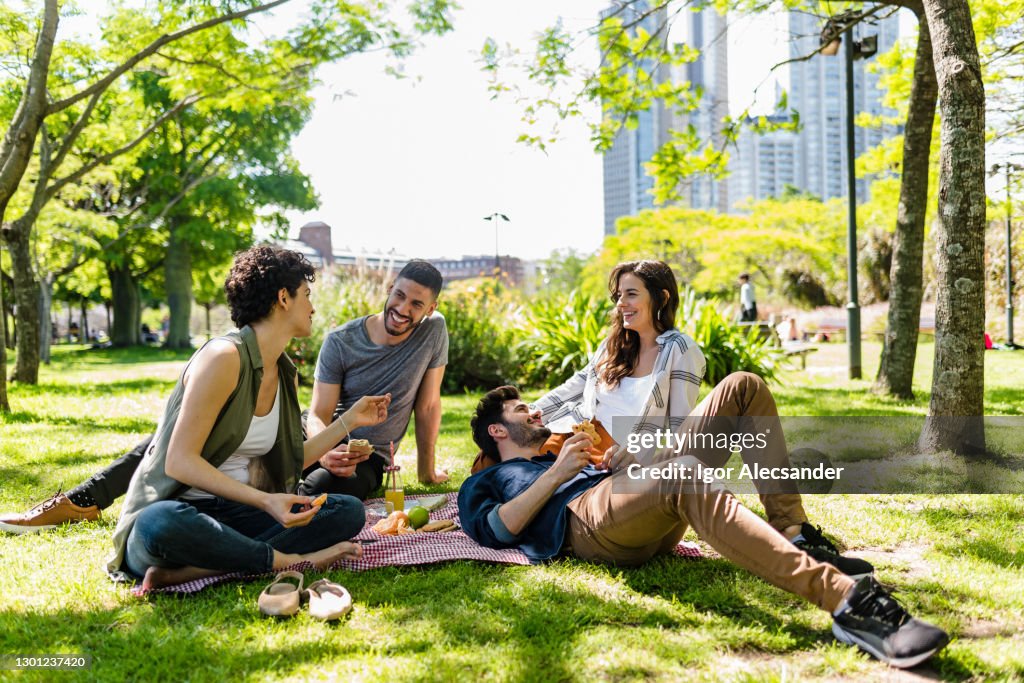 Freunde beim Picknick an einem sonnigen Nachmittag