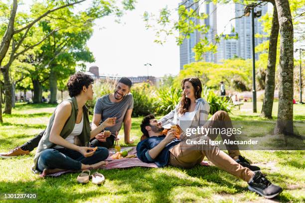 amis au pique-nique un après-midi ensoleillé - small group sitting in grass photos et images de collection