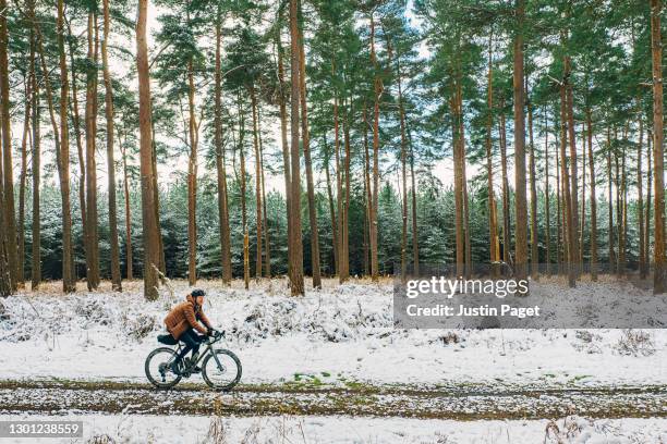 shot of an adventure cyclist on snowy forest track - winter cycling stock pictures, royalty-free photos & images