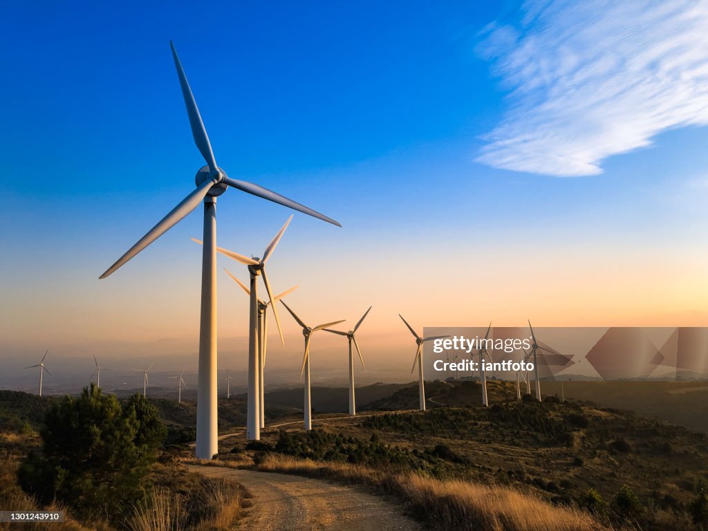 Windpark bei Sonnenuntergang.