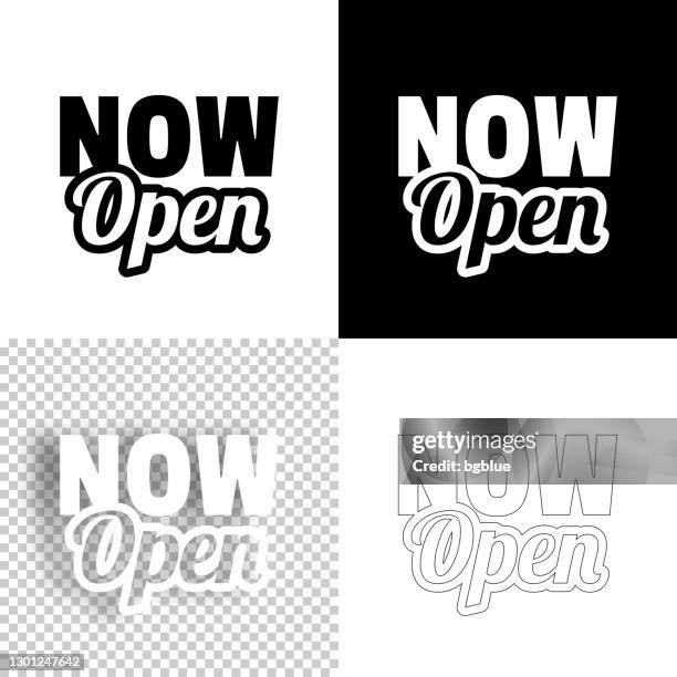 ilustraciones, imágenes clip art, dibujos animados e iconos de stock de ahora abre. icono para el diseño. fondos en blanco, blanco y negro - icono de línea - open sign