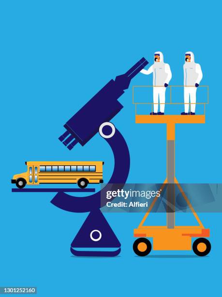 school bus under microscope. - teachers union stock illustrations