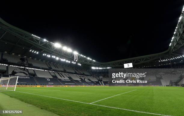 General view inside the stadium prior to the Coppa Italia semi-final Juventus and FC Internazionale at Allianz Stadium on February 09, 2021 in Turin,...