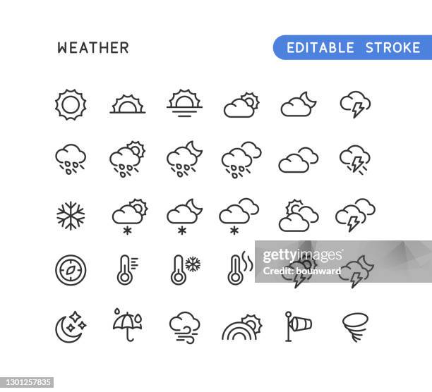weather line icons editable stroke - windy rainy weather stock illustrations