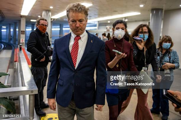 Sen. Rand Paul heads to the senate floor at US Capitol on February 09, 2021 in Washington, DC. House impeachment managers will make the case that...