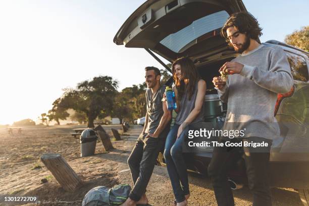 happy woman sitting with male friends on car trunk at beach during sunset - male friends hanging out foto e immagini stock