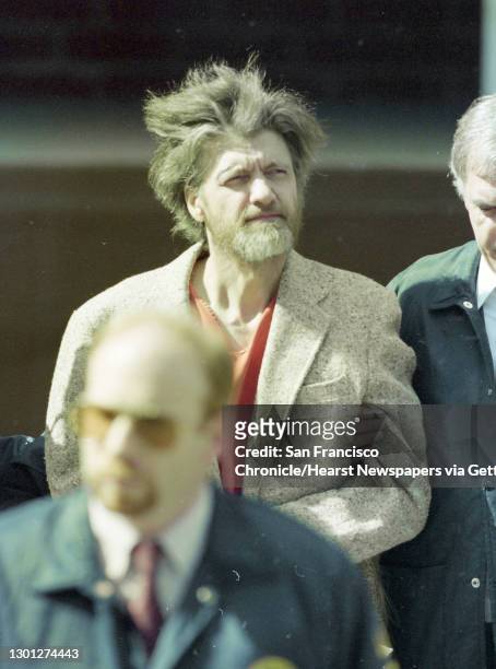View of Theodore 'Ted' Kaczynski, the suspected 'Unabomber,' during a press conference following his arrest, Lincoln, Montana, April 4, 1996....
