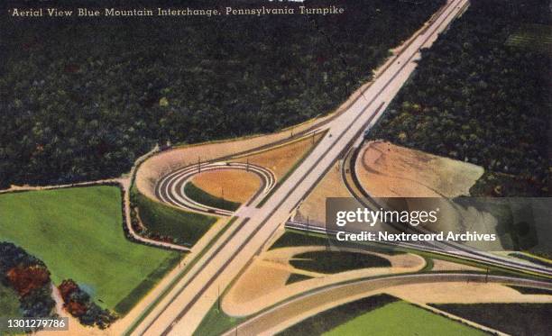 Vintage souvenir linen postcard published circa 1944 in the series, 'The Pennsylvania Turnpike, the World's Greatest Highway,' depicting an aerial...