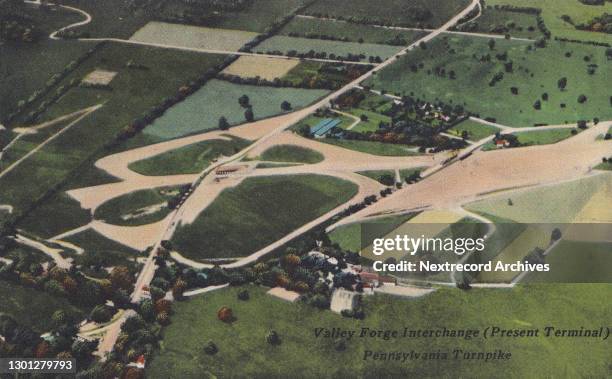 Vintage souvenir linen postcard published circa 1944 in the series, 'The Pennsylvania Turnpike, the World's Greatest Highway,' depicting an aerial...