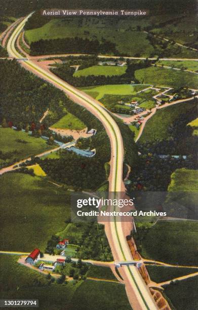 Vintage souvenir linen postcard published circa 1944 in the series, 'The Pennsylvania Turnpike, the World's Greatest Highway,' depicting an aerial...