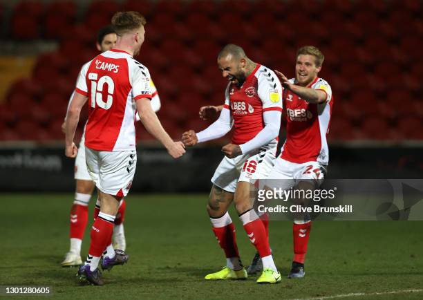 Kyle Vassell of Fleetwood Town celebrates with teammates after scoring their team's first goal during the Sky Bet League One match between Fleetwood...