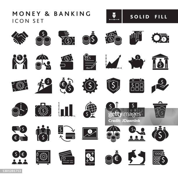 money & banking big solid black icon set - laptop icon solid stock illustrations