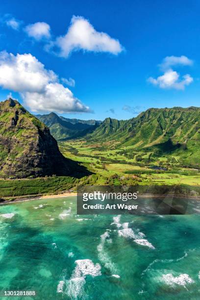 coastal oahu landscape aerial - hawaii islands overhead stock pictures, royalty-free photos & images