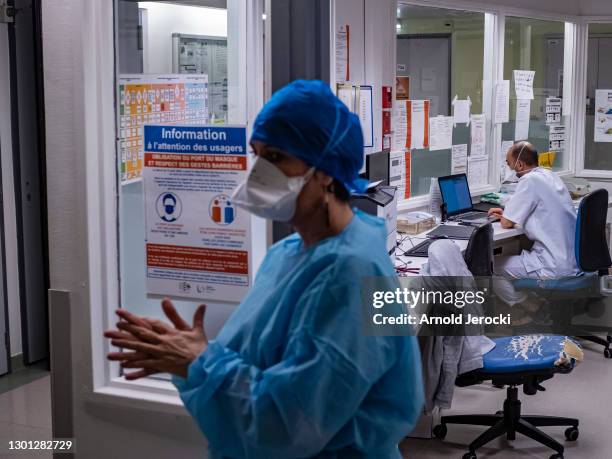 Doctor from the ward analyses patient data in the Covid-19 department of Joseph Imbert hospital on February 09, 2021 in Arles, France. In the past...