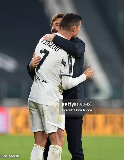 Andrea Pirlo, Head coach of Juventus celebrates with Cristiano Ronaldo of Juventus following the Coppa Italia semi-final Juventus and FC...