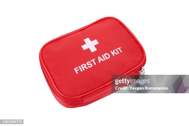 first aid kit, isolated on white background - in case of discomfort fotografías e imágenes de stock
