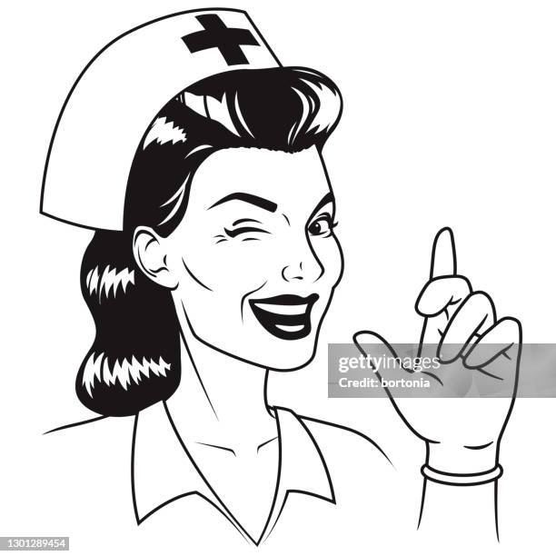 winken krankenschwester in gummi handschuh retro linie kunst - naughty nurse images stock-grafiken, -clipart, -cartoons und -symbole