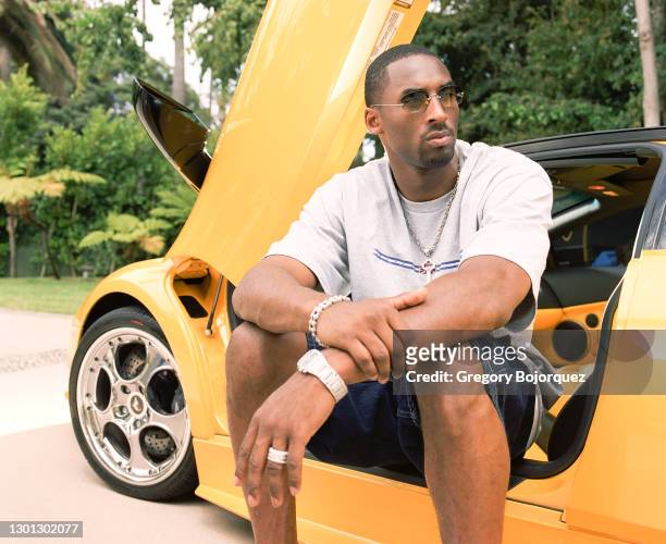 Superstar, Kobe Bryant poses with his Lamborghini on September 8th, 2002 in Beverly Hills, California.