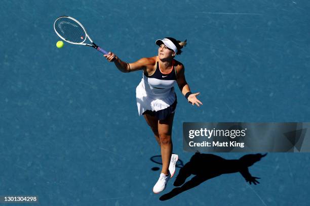 Bianca Andreescu of Canada plays a forehand in her Women's Singles second round match against Su-Wei Hsieh of Chinese Taipei during day three of the...