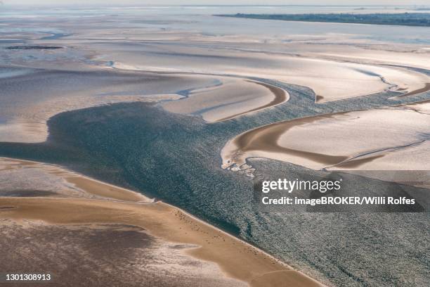 aerial view, tidal flat between harlesiel and wangerooge, wadden sea national park, coast, north sea, north frisia, schleswig-holstein, germany - low tide stock pictures, royalty-free photos & images