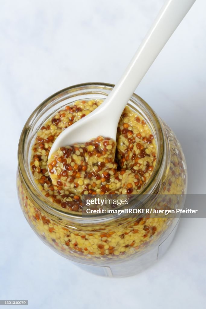 Grainy mustard in glass with spoon, Dijon mustard, white background, France