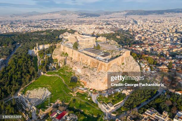 aerial photo of the acropolis of athens, greece - partenón fotografías e imágenes de stock