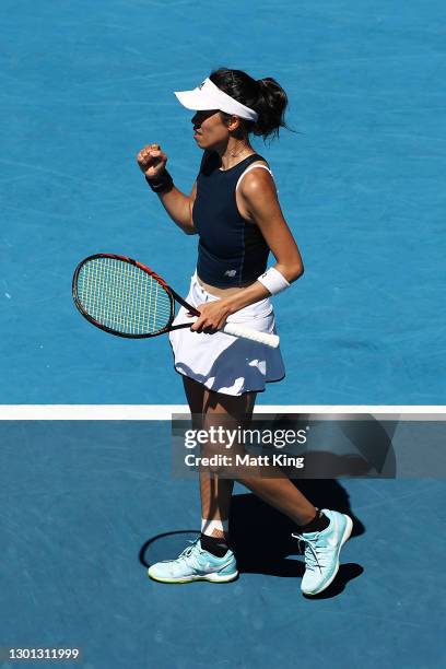 Su-Wei Hsieh of Chinese Taipei celebrates after winning a point in her Women's Singles second round match against Bianca Andreescu of Canada during...