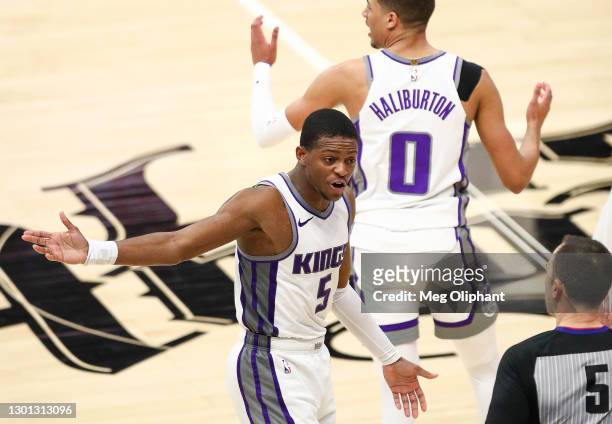 De'Aaron Fox of the Sacramento Kings argues a call with referee Kane Fitzgerald in the game against the LA Clippers at Staples Center on February 07,...