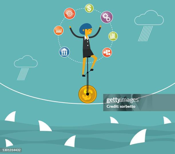 ilustrações de stock, clip art, desenhos animados e ícones de the fragile balance of business - businesswoman - malabarismo