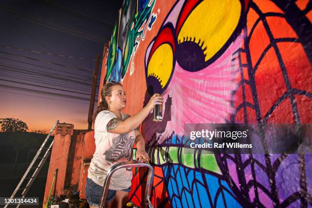 woman with a spray can, creating an owl graffiti on an outside wall. street art. - artists with animals stockfoto's en -beelden