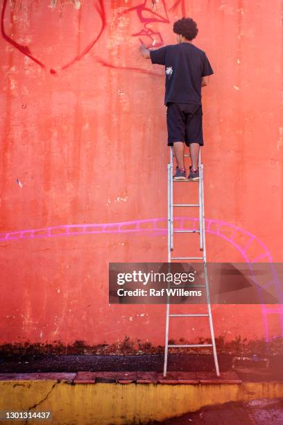 man on a ladder with a spray can, creating graffiti on an outside wall. - sprayer graffiti stock-fotos und bilder