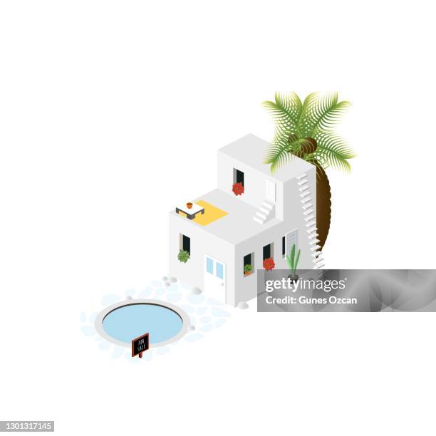 isometric summer house for sale - vacation house icon - building terrace stock illustrations